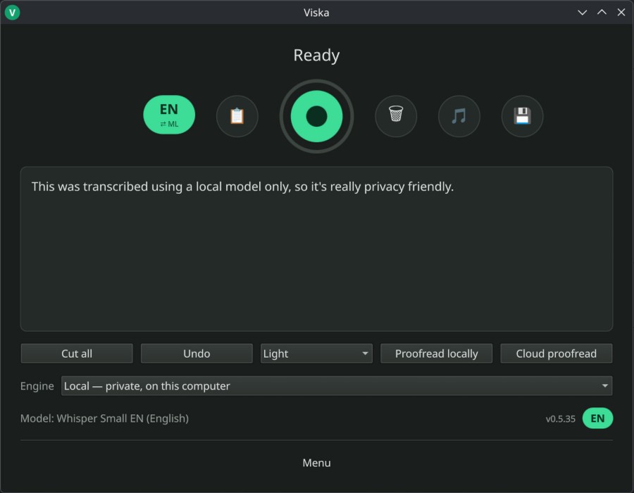 Viska desktop app screenshot showing the clean Qt interface with record button, transcription editor and example text demonstrating local model transcription for privacy