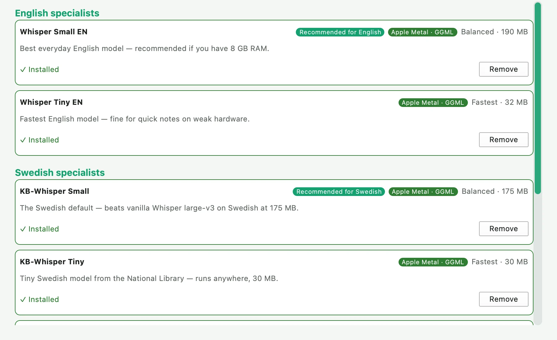 Viska Models window listing English and Swedish specialist models with speed labels, sizes and Apple Metal acceleration