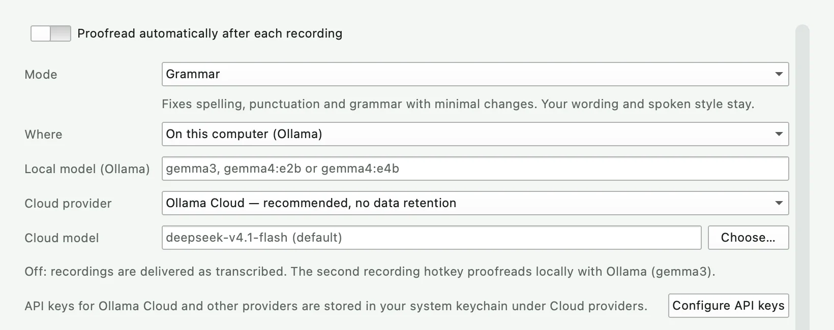 Viska settings: proofread automatically after each recording, mode Grammar or Intuitive, on this computer with Ollama or in the cloud with Ollama Cloud and DeepSeek V4.1 Flash